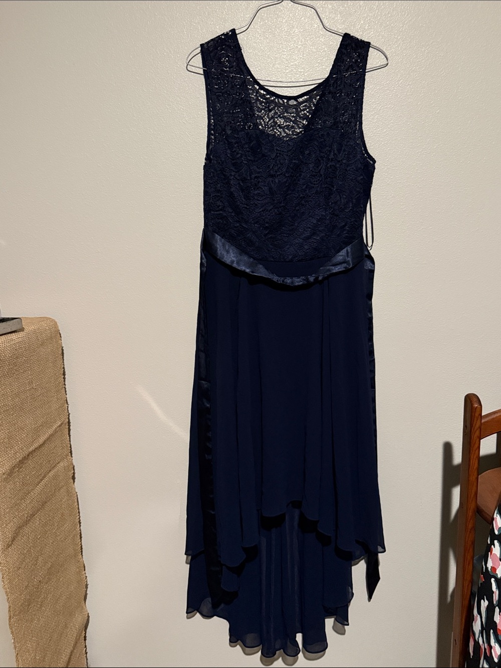 Navy Lace Bodice High-Low Evening Dress